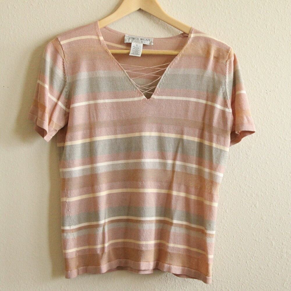 Vintage 90s Jones Wear Short Sleeve Knit Lightweight Top Striped Rose M Minimal